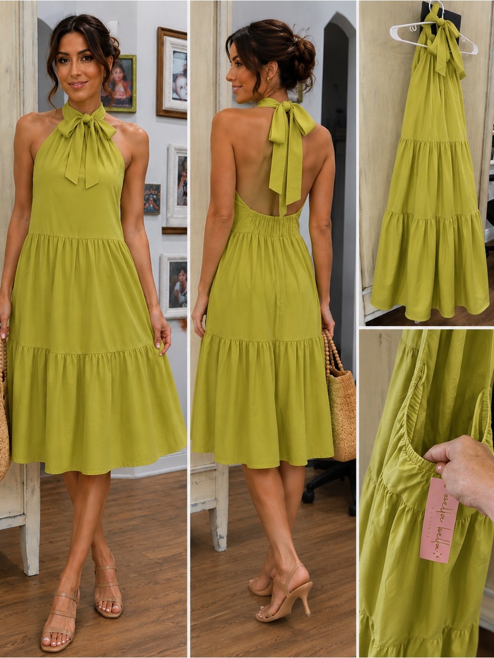 Tie-Neck Tiered Midi Dress in Chartreuse Green